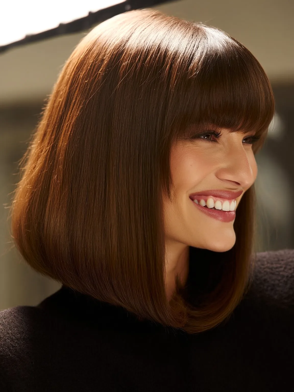 Structured Blunt Cut Rich Chestnut Brown Bob with Bangs